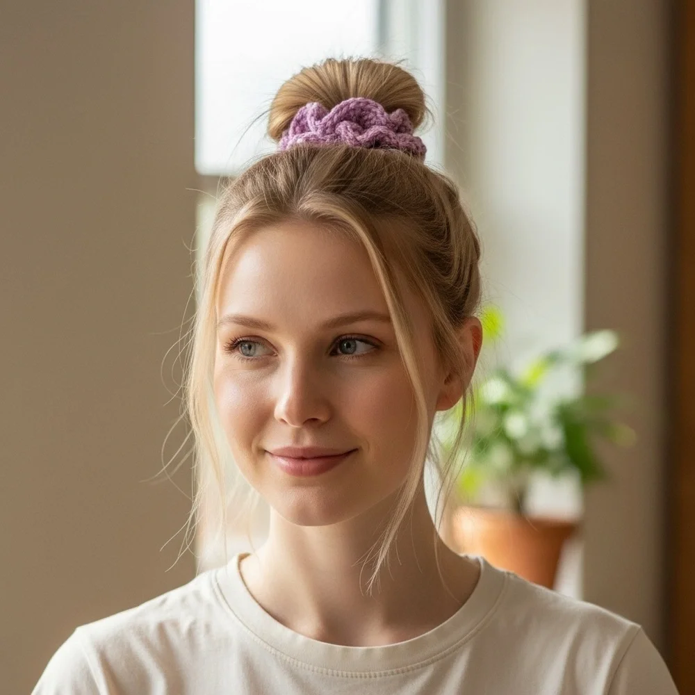 Pink Crochet Hair Scrunchie
